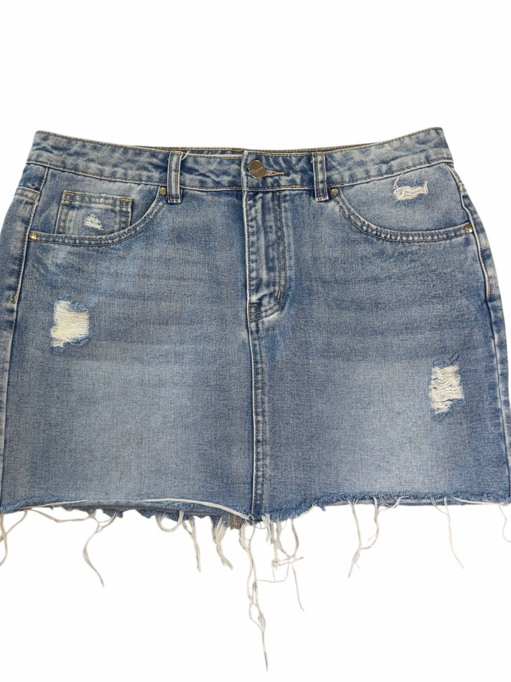 Frayed Hem Light Blue Denim Mini Skirt - Picture 1 of 4